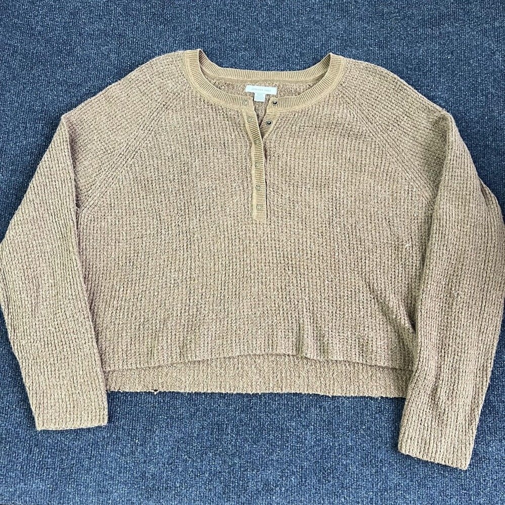 American Eagle Outfitters Sweater Womens Medium Beige Henley Waffle-Knit Thermal